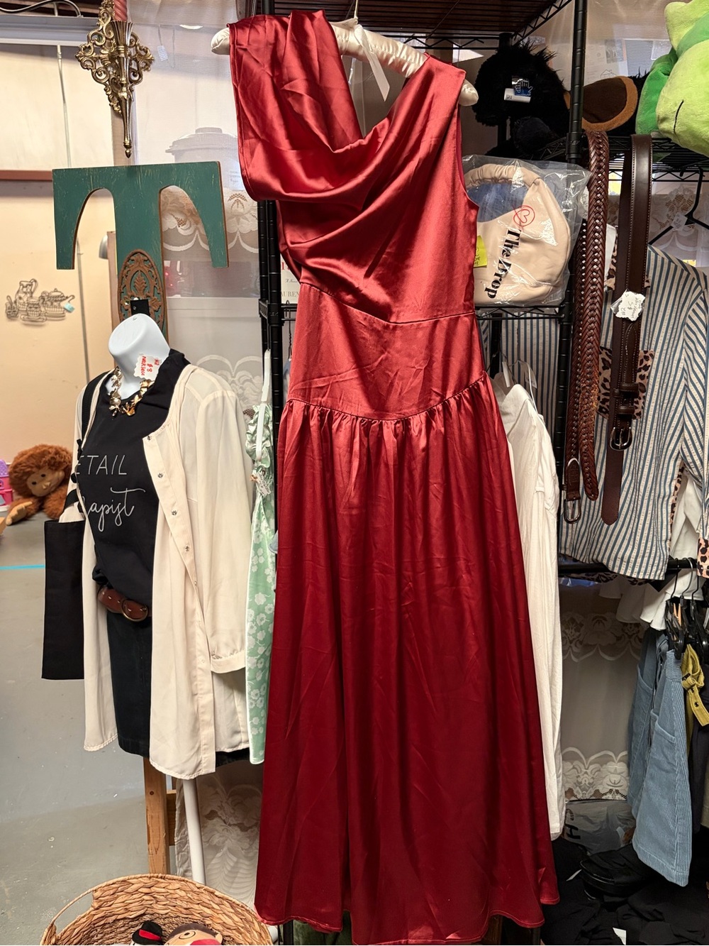 Petal & Pup Burgundy Satin One-Shoulder Cowl Maxi Dress - Picture 5 of 5